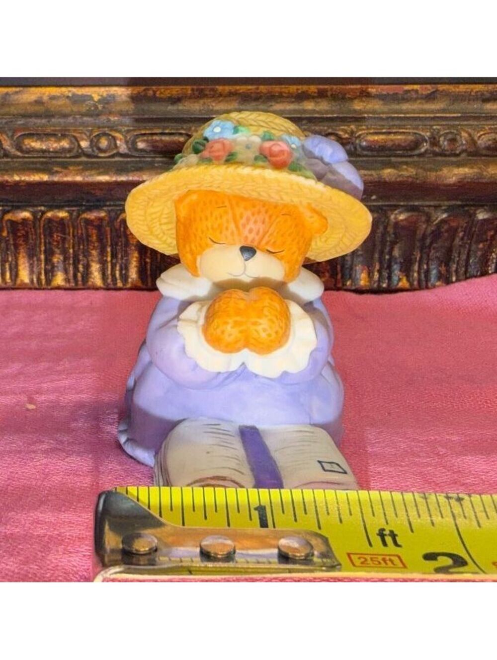 Vintage Praying bear in Purple Dress with Straw Hat and Book
